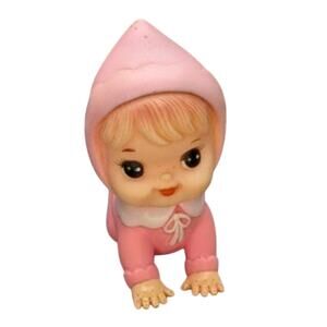 Vintage 60s 70s Iwai Crawling Baby Doll Squeaky Toy Pink Rubber Korea Nostalgic